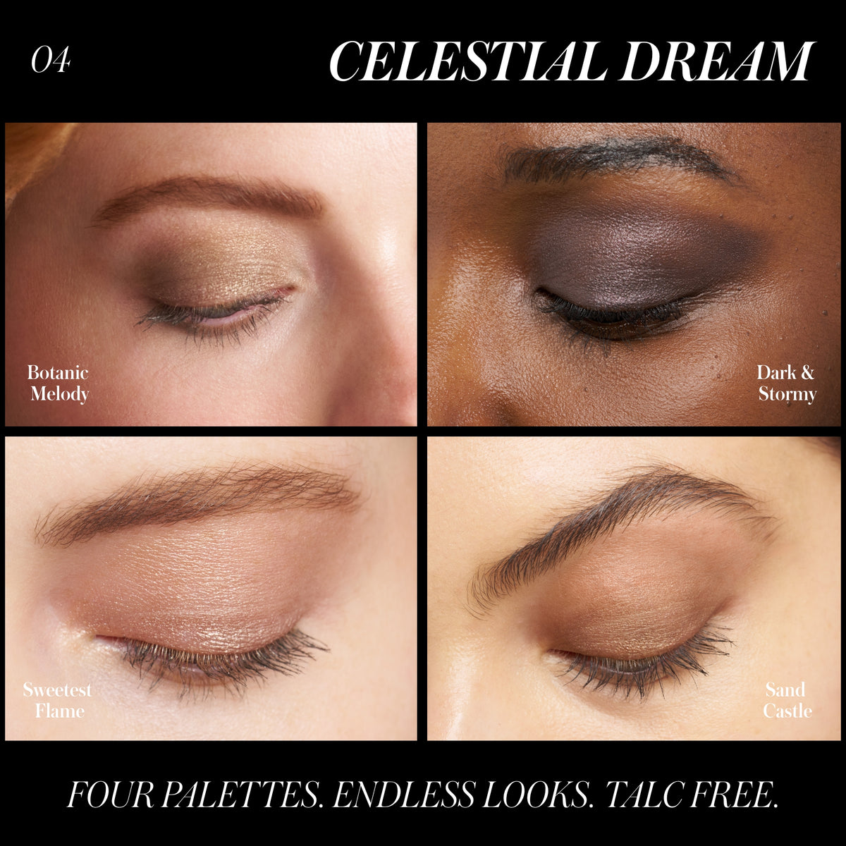 RMS BEAUTY Hydra Eyes Quartet in Celestial Dream showcasing four eye makeup looks on different skin tones