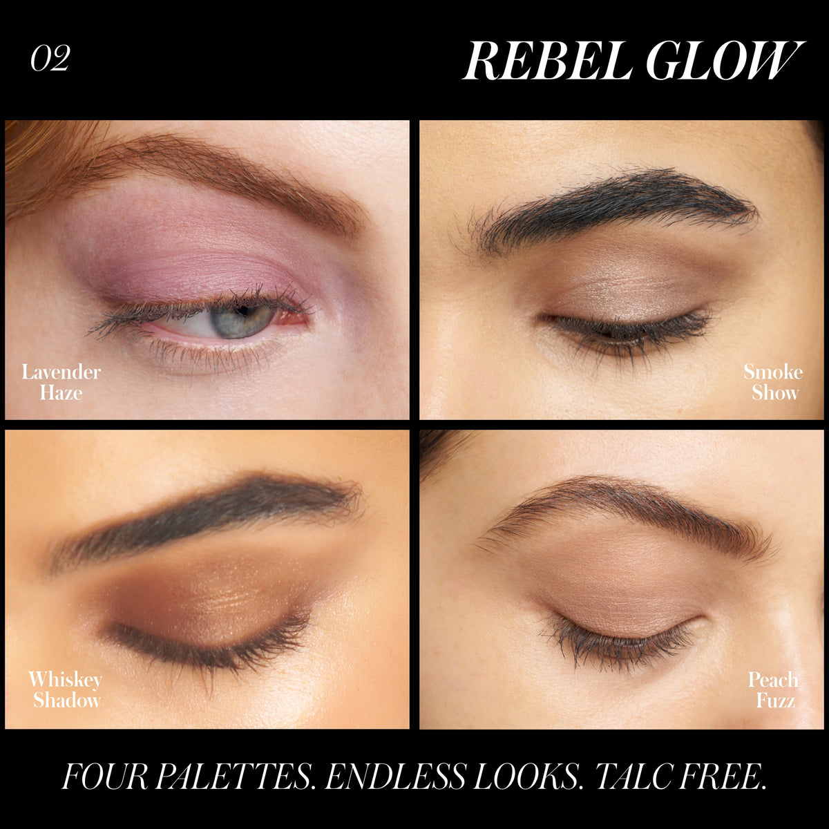 RMS BEAUTY Hydra Eyes Quartet in Rebel Glow showcasing four eye makeup looks in lavender, bronze and neutral tones