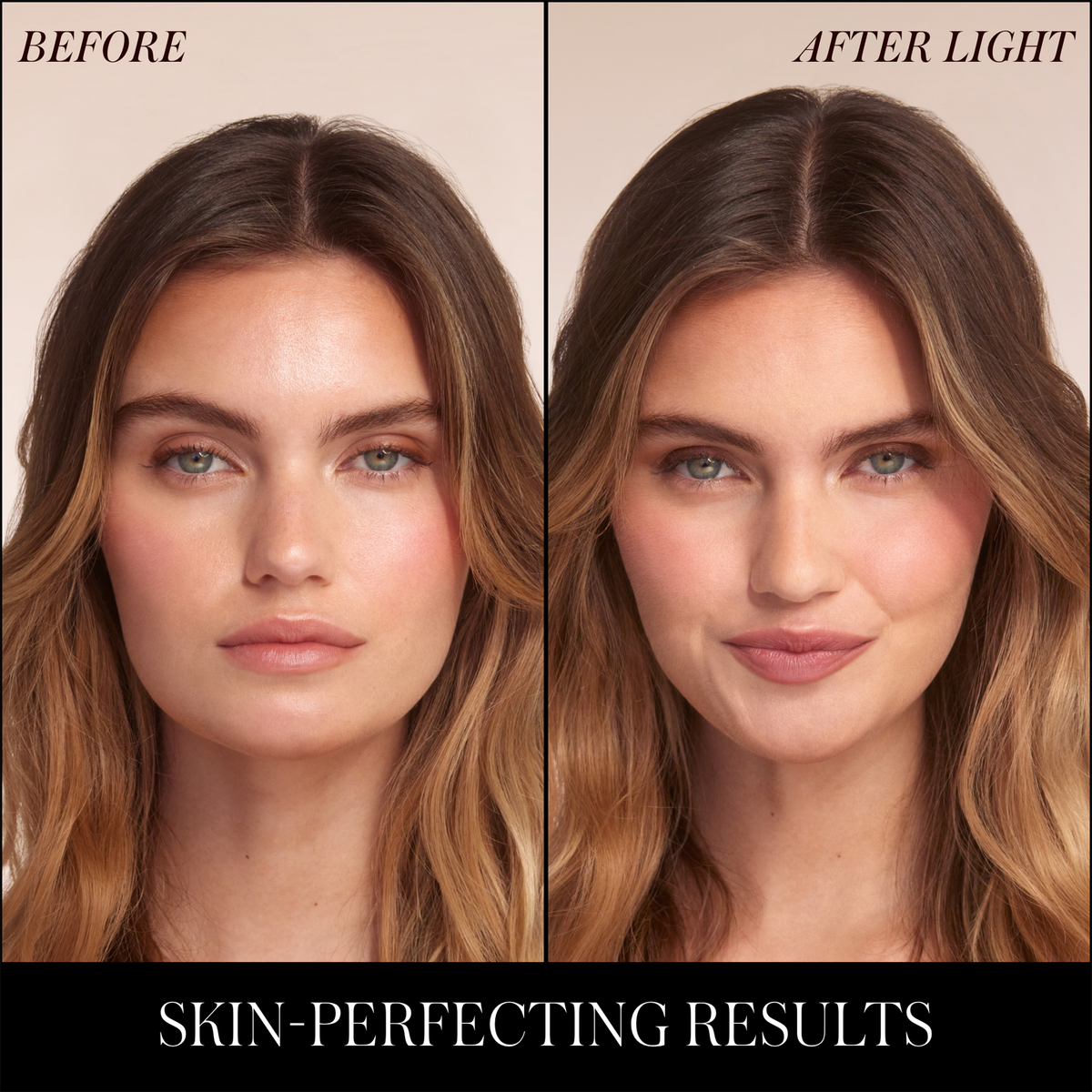 Before-and-after comparison showing the skin-perfecting effect of RMS Beauty Hydra Setting Powder
