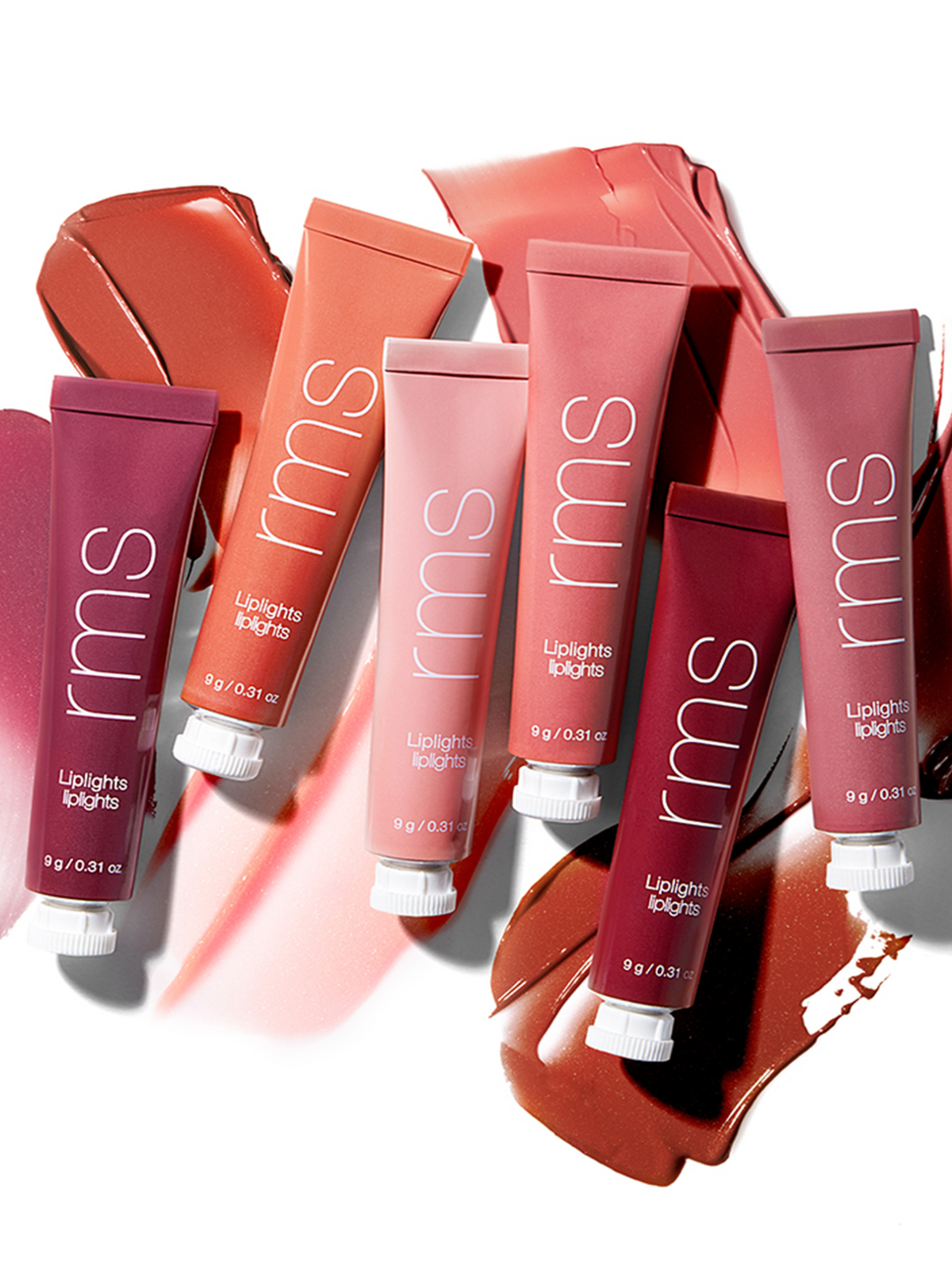 RMS Beauty Lip Lights Cream Lip Gloss displayed in a range of shades with matching colour swatches