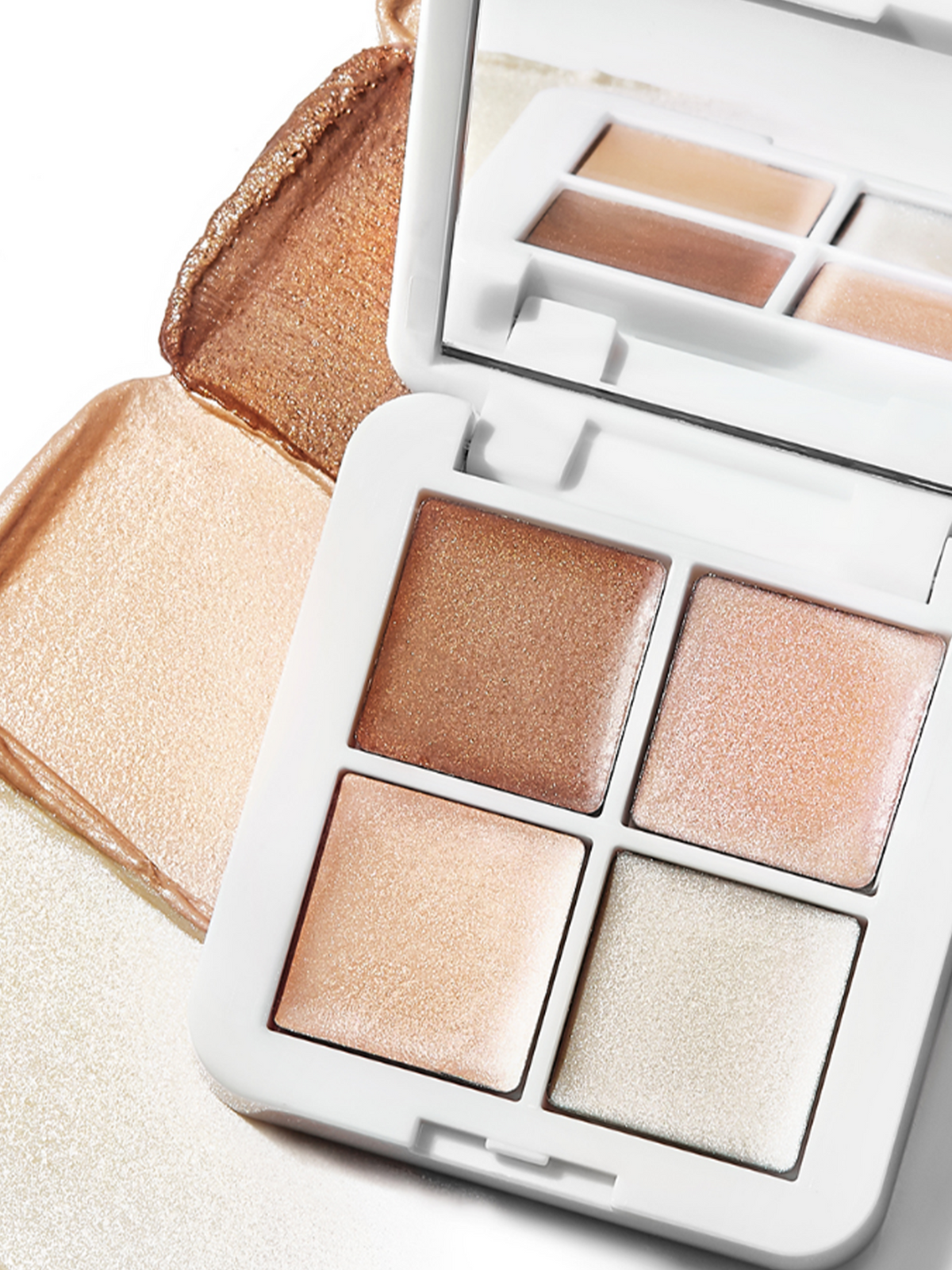RMS Beauty Luminizer Glow Quad with four shimmering highlighter shades and golden champagne-toned swatches