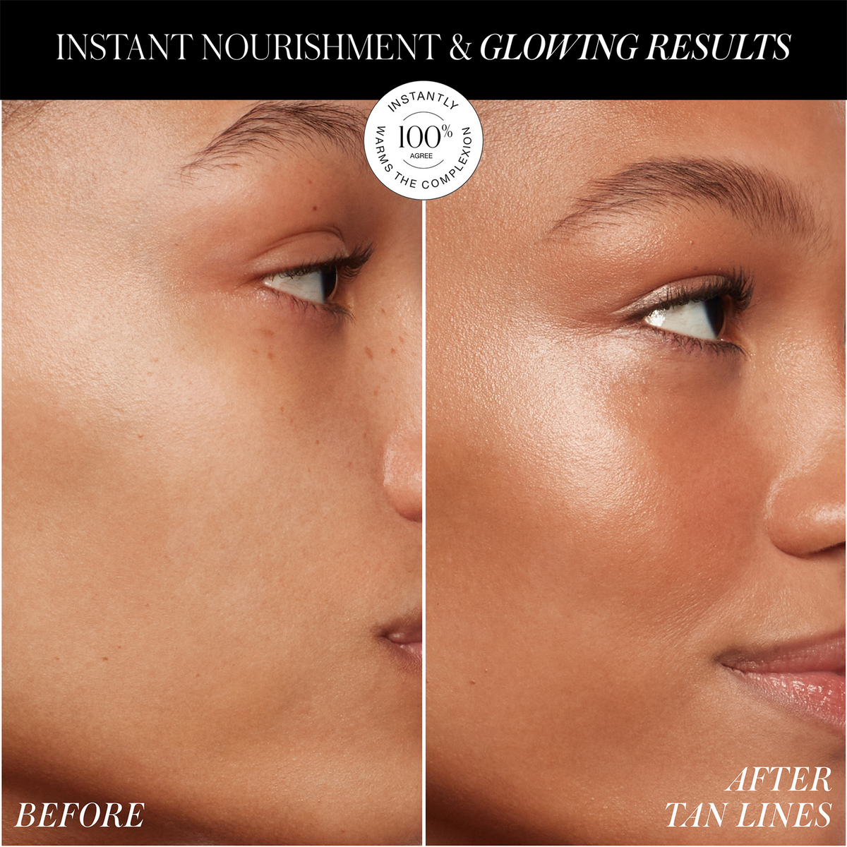 Before-and-after comparison showing the complexion before and after applying RMS Beauty ReDimension Hydra Bronzer in Tan Lines.