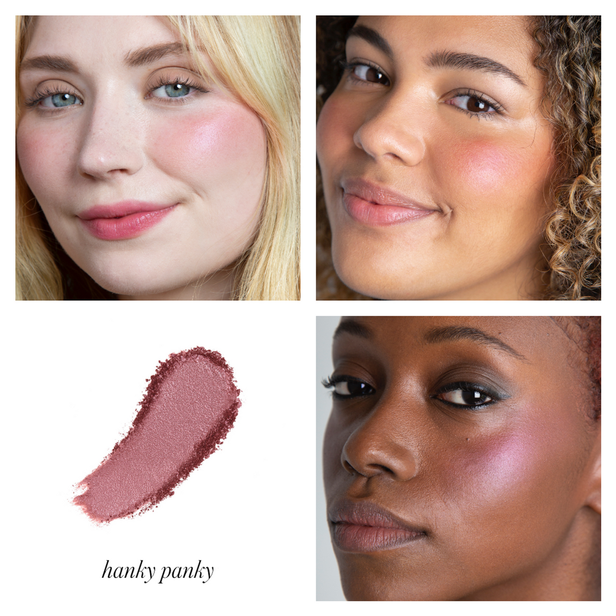 RMS Beauty ReDimension Hydra Powder Blush in Hanky Panky shown on different skin tones with a matching mauve rose swatch