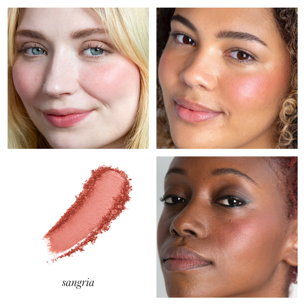 RMS Beauty ReDimension Hydra Powder Blush in Sangria shown on different skin tones alongside a colour swatch