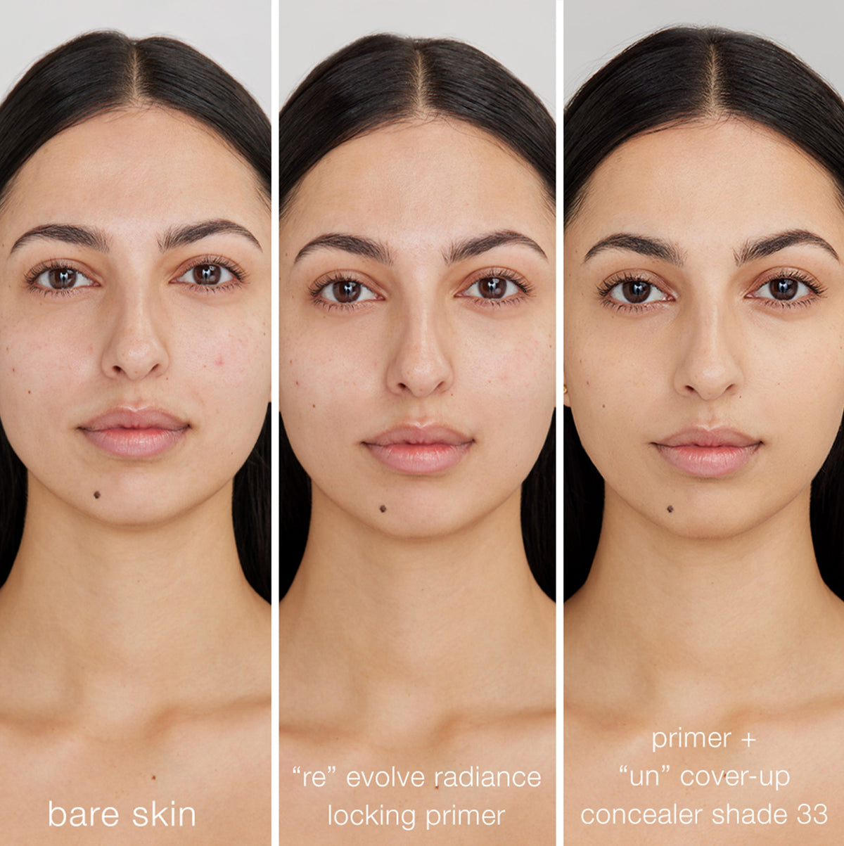 Three-panel comparison showing bare skin, skin after applying RMS Beauty ReEvolve Radiance Locking Primer, and skin with primer and RMS Beauty UnCoverup Cream Foundation in shade 33
