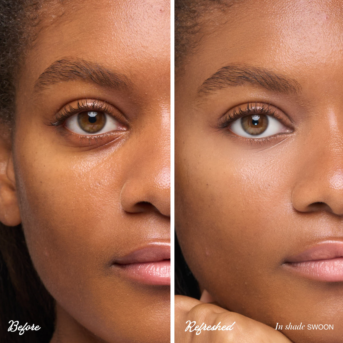 Before and after comparison showing the brightening effect of RMS BEAUTY ReFresh Eye Brightener SPF 30 + Correcting Tint in Swoon