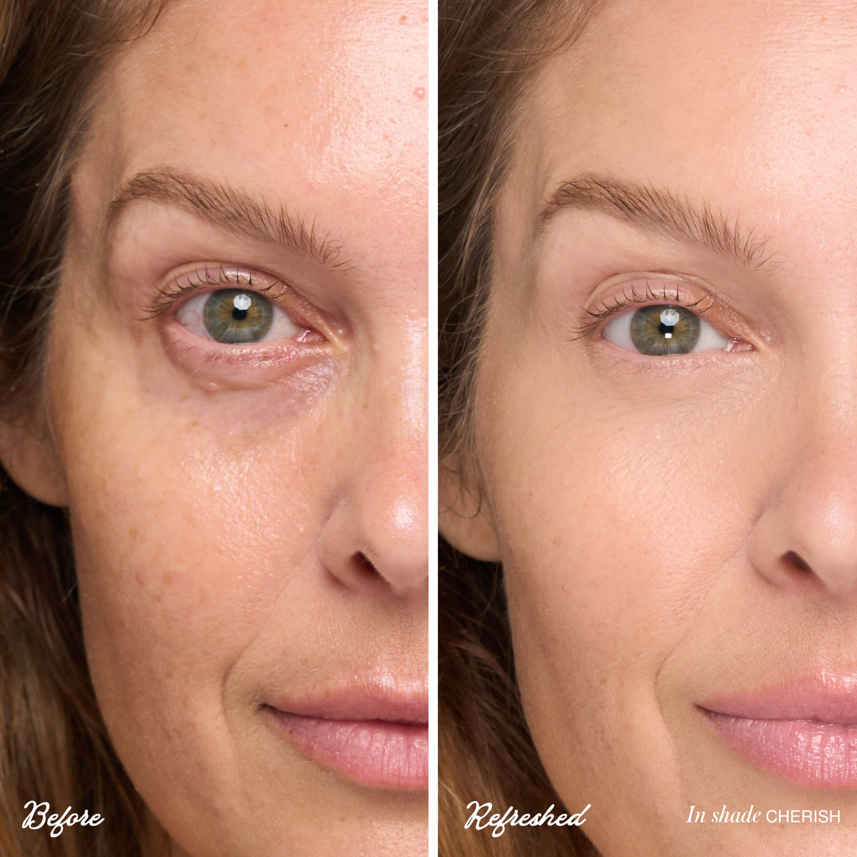 RMS Beauty ReFresh Eye Brightener SPF 30 in Cherish before-and-after comparison showing a refreshed-looking eye area