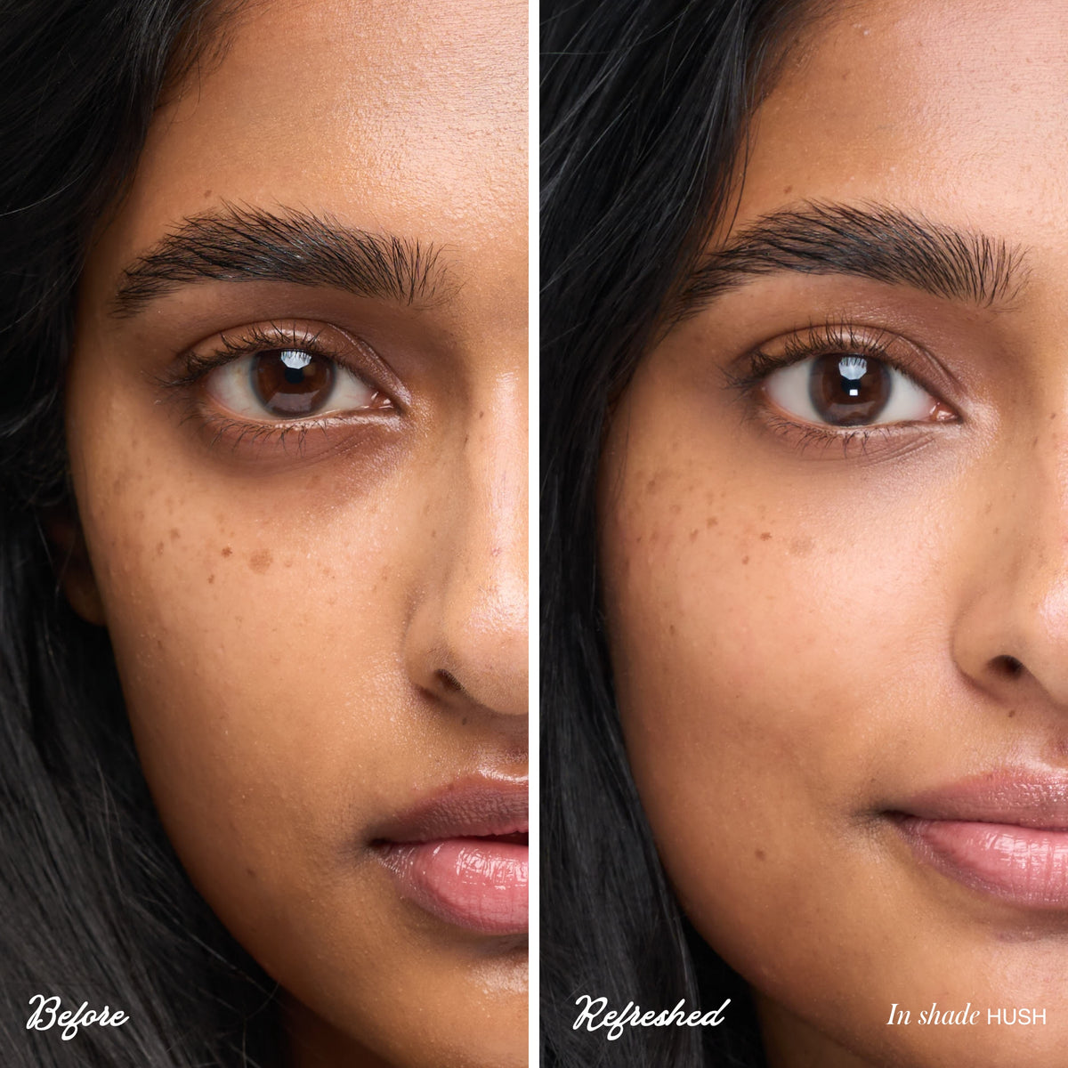 Before and after comparison showing the brightening effect of RMS BEAUTY ReFresh Eye Brightener SPF 30 + Correcting Tint in Hush