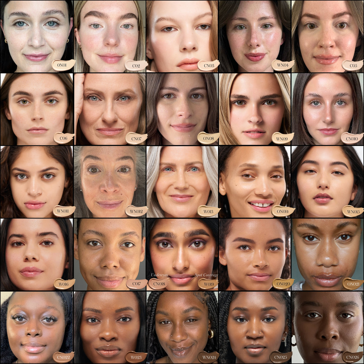 RMS BEAUTY Revitalize Hydra Concealer shade finder showing 26 concealer shades on different skin tones.
