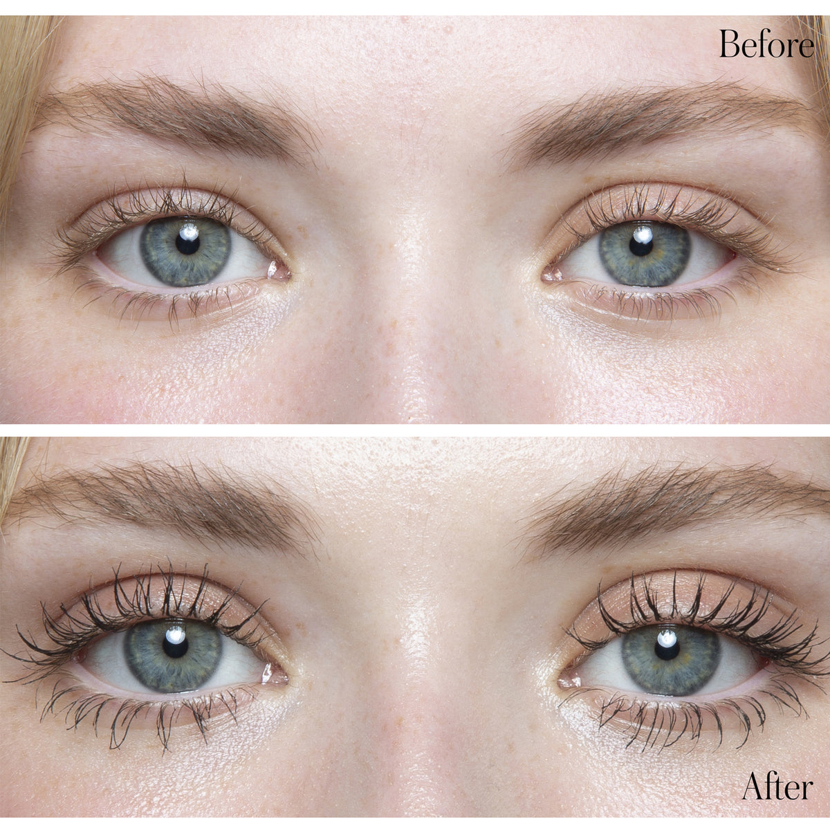 Before-and-after comparison showing longer, more defined and visibly lifted lashes after applying RMS Beauty Straight Up Volumizing Peptide Mascara