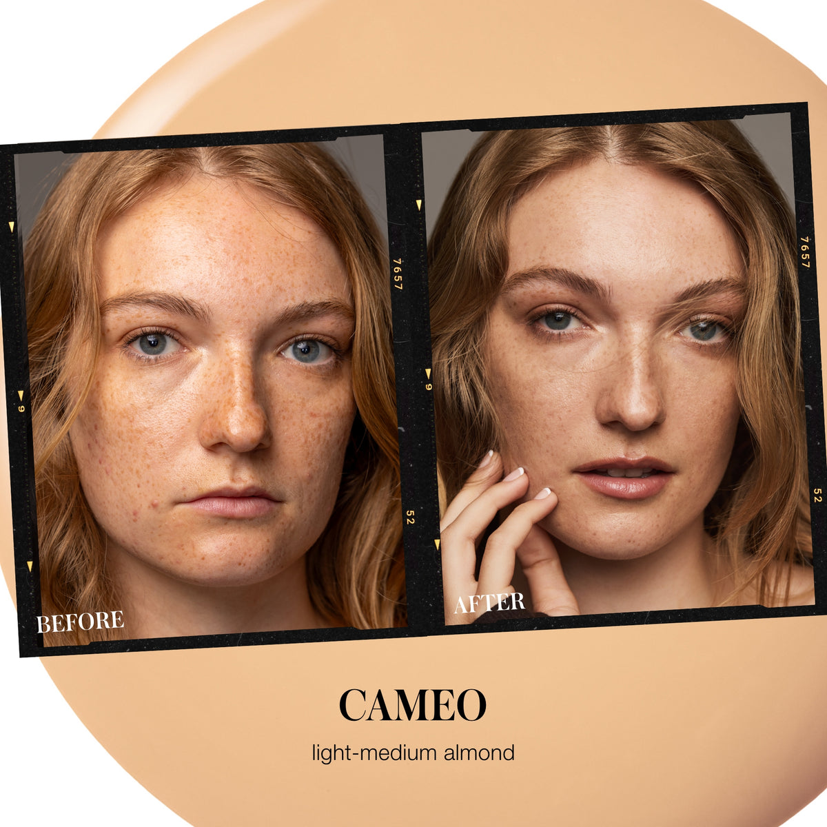 Before and after comparison of RMS Beauty SunCoverup Super Tint SPF 50 in Cameo, showing the finish on a model with light-medium skin