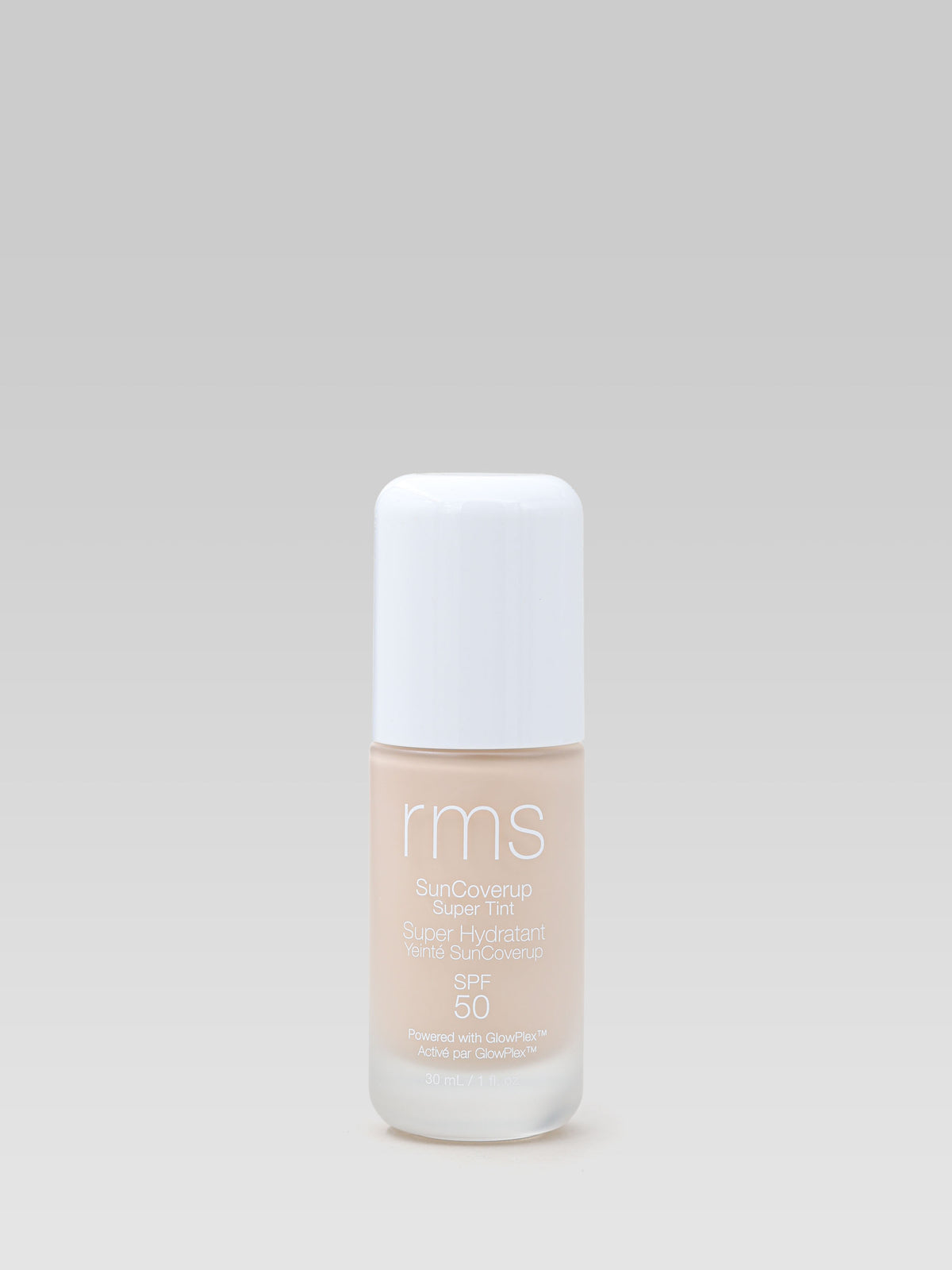 RMS Beauty SunCoverup Super Tint SPF 50 in Alabaster, a hydrating tinted sunscreen in a beige bottle