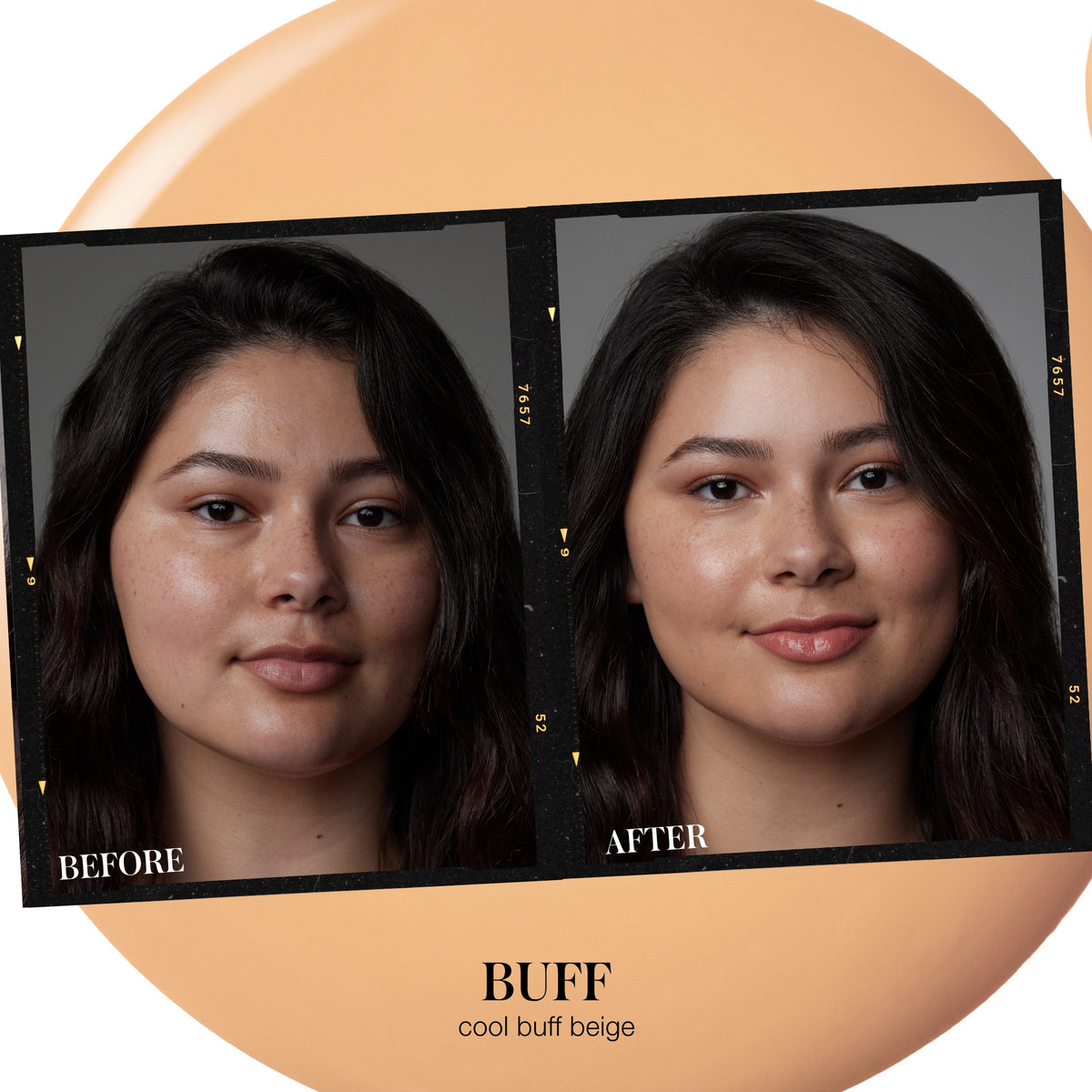 Before and after comparison showing the complexion with RMS Beauty SunCoverup Super Tint SPF 50 in Buff, a cool buff beige shade