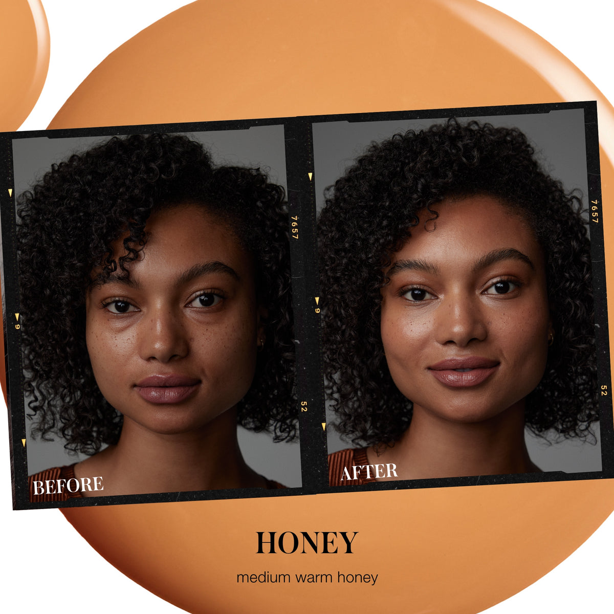 Before and after comparison of RMS Beauty SunCoverup Super Tint SPF 50 in Honey, a medium warm honey shade