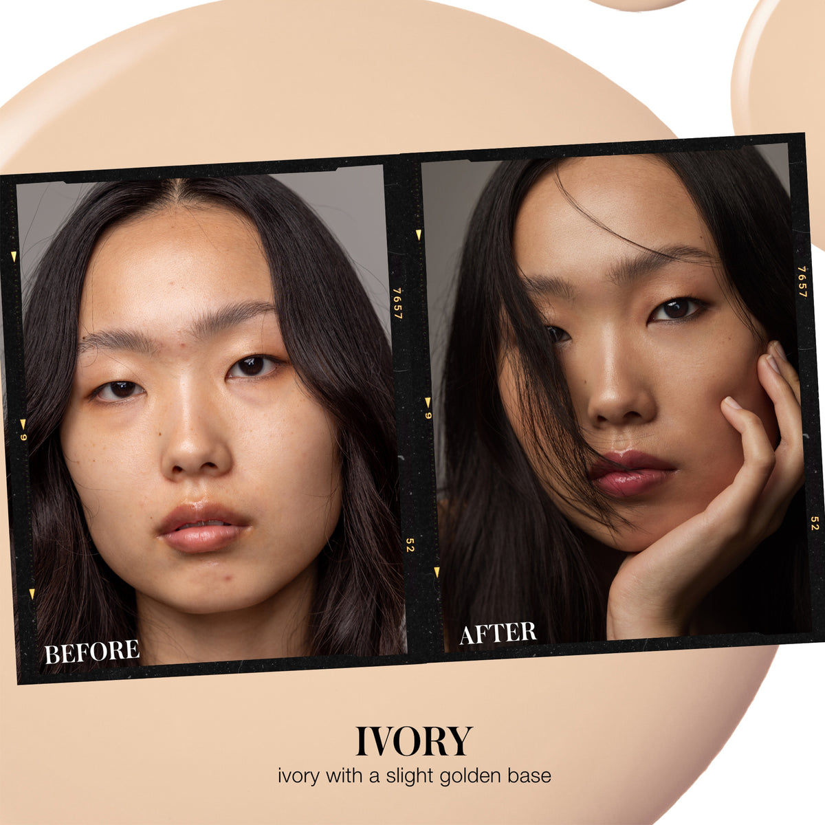 Before and after comparison of RMS Beauty SunCoverup Super Tint SPF 50 in Ivory, showing the skin finish on a model with a light skin tone and a slightly golden undertone.