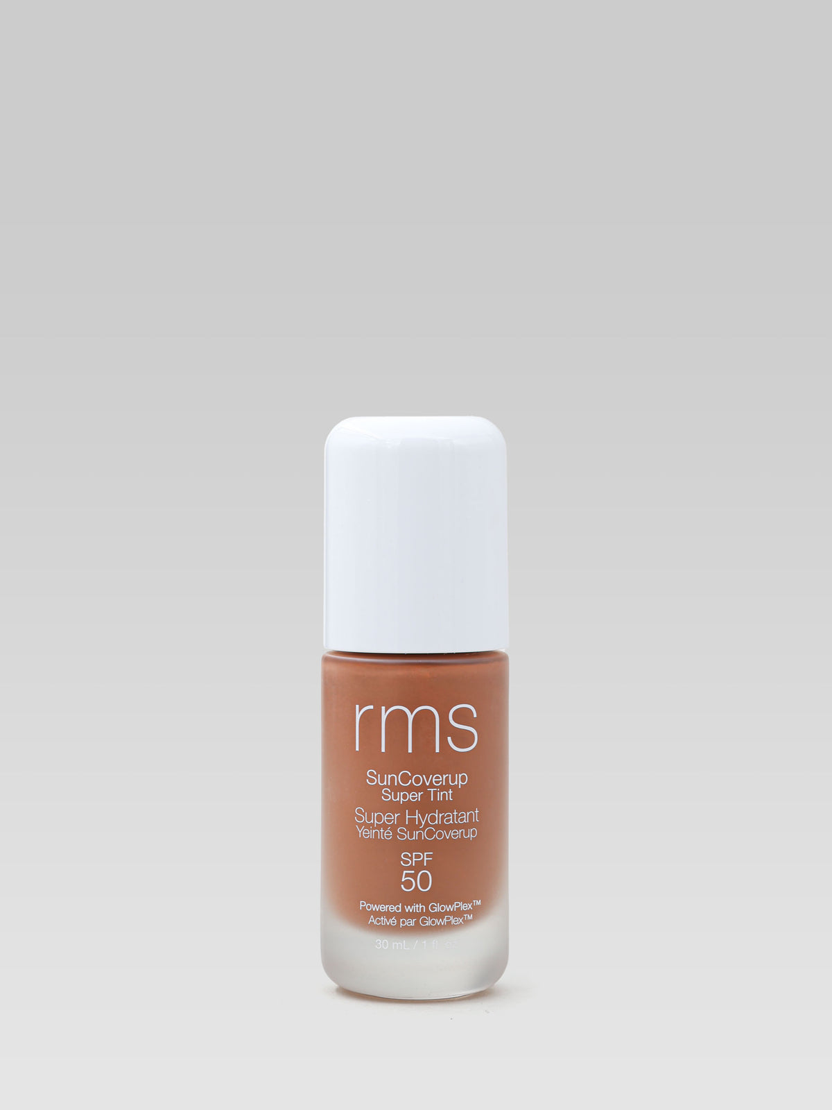 RMS Beauty SunCoverup Super Tint SPF 50 in Mahogany, shown in its frosted bottle with white cap