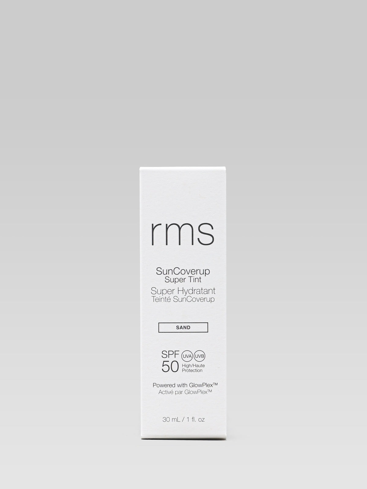 RMS Beauty SunCoverup Super Tint SPF 50, shown in its white product carton