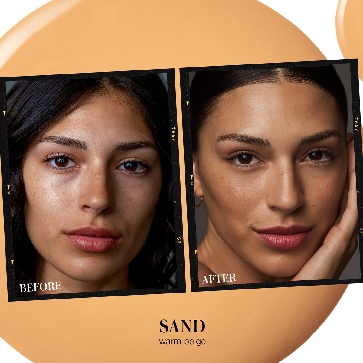 Before and after comparison of RMS Beauty SunCoverup Super Tint SPF 50 in Sand, a warm beige shade
