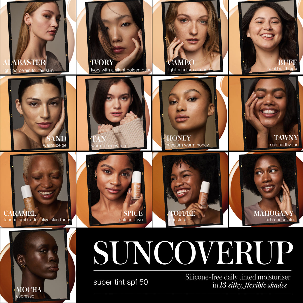 RMS Beauty SunCoverup Super Tint SPF 50 shade finder featuring 13 shades from Alabaster to Mocha for a range of skin tones and undertones.