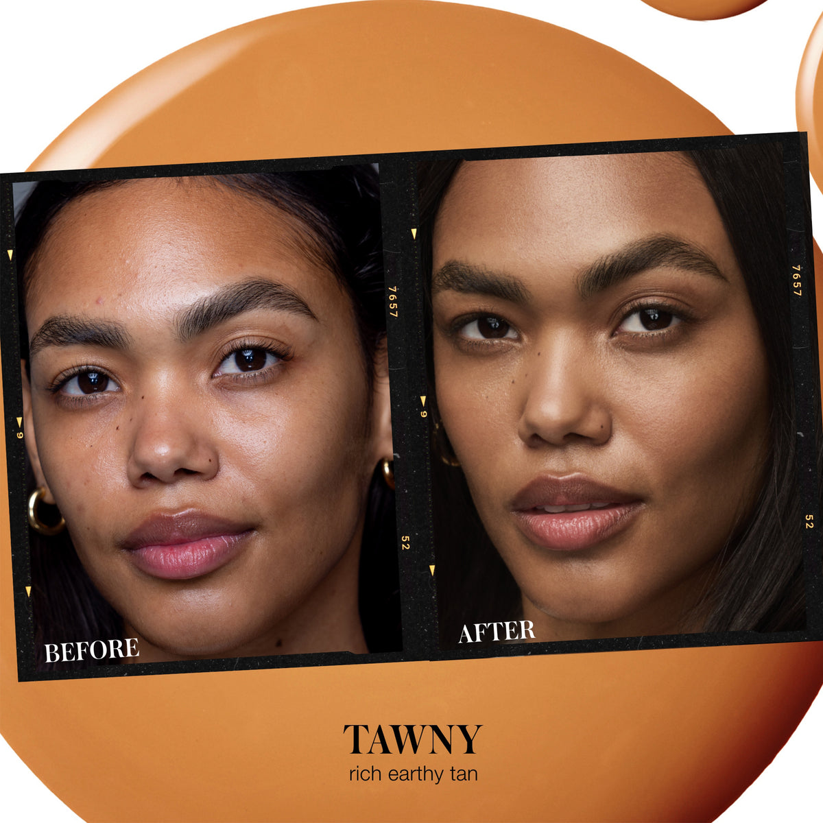 Before and after comparison of RMS Beauty SunCoverup Super Tint SPF 50 in Tawny, a rich earthy tan shade
