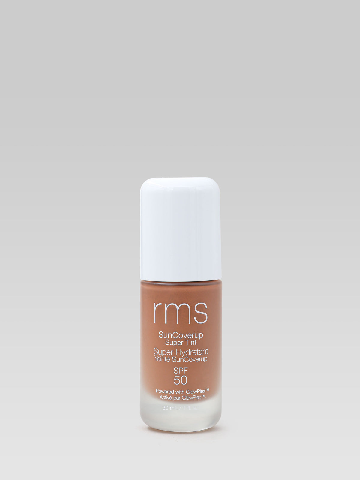 RMS Beauty SunCoverup Super Tint SPF 50 in Toffee, shown in its frosted bottle with white cap