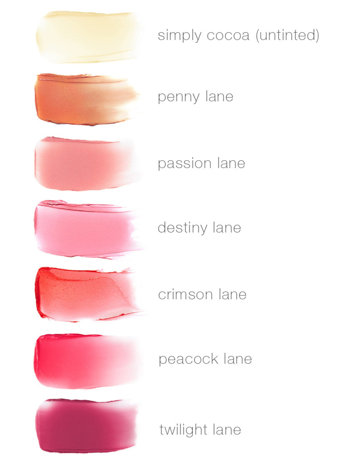 RMS Beauty Tinted Daily Lip Balm shade overview featuring seven shades: Simply Cocoa, Penny Lane, Passion Lane, Destiny Lane, Crimson Lane, Peacock Lane and Twilight Lane