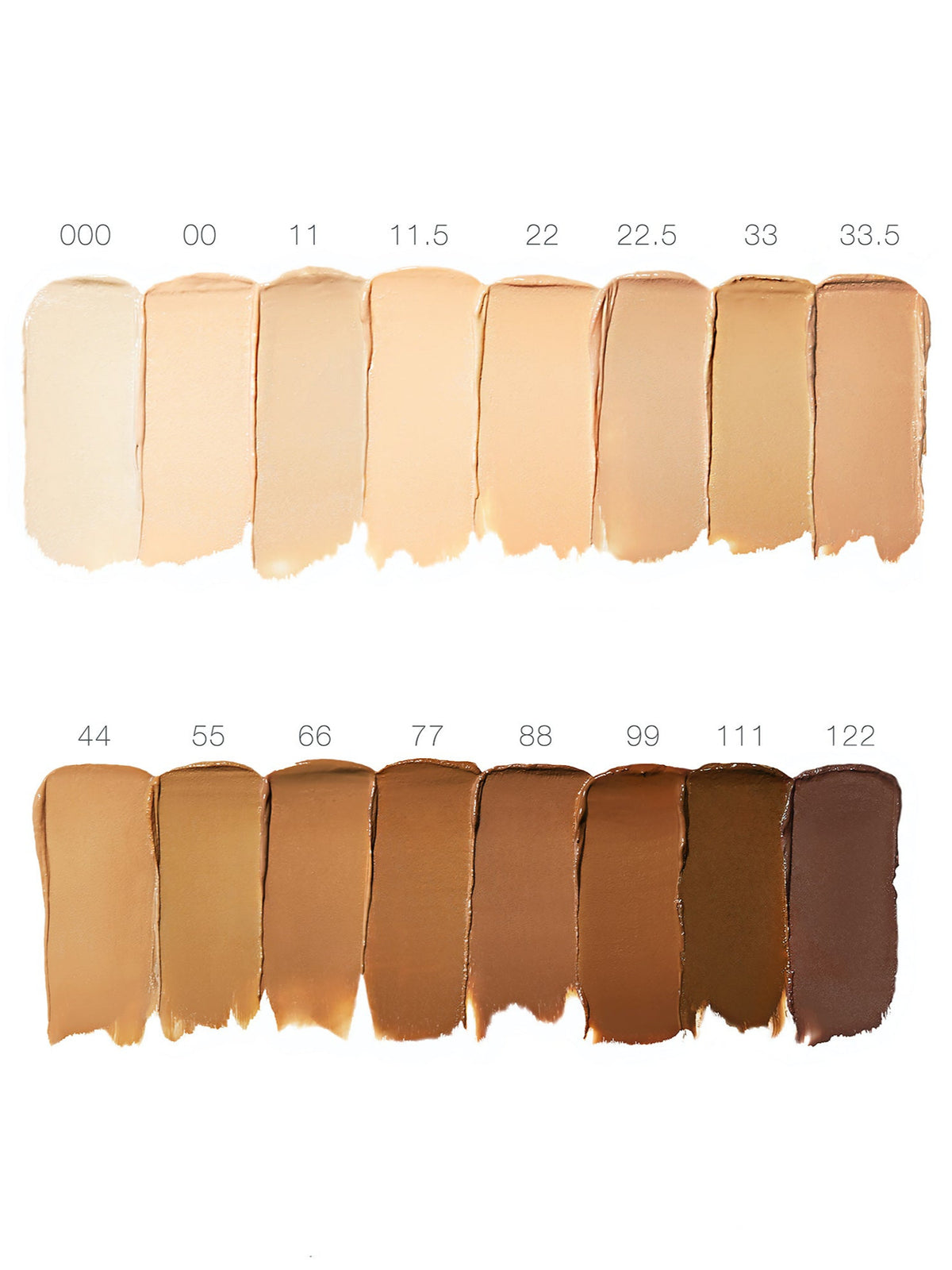 RMS Beauty UnCoverup Concealer swatches in all available shades, from light ivory to deep brown, displayed in two rows on a white background