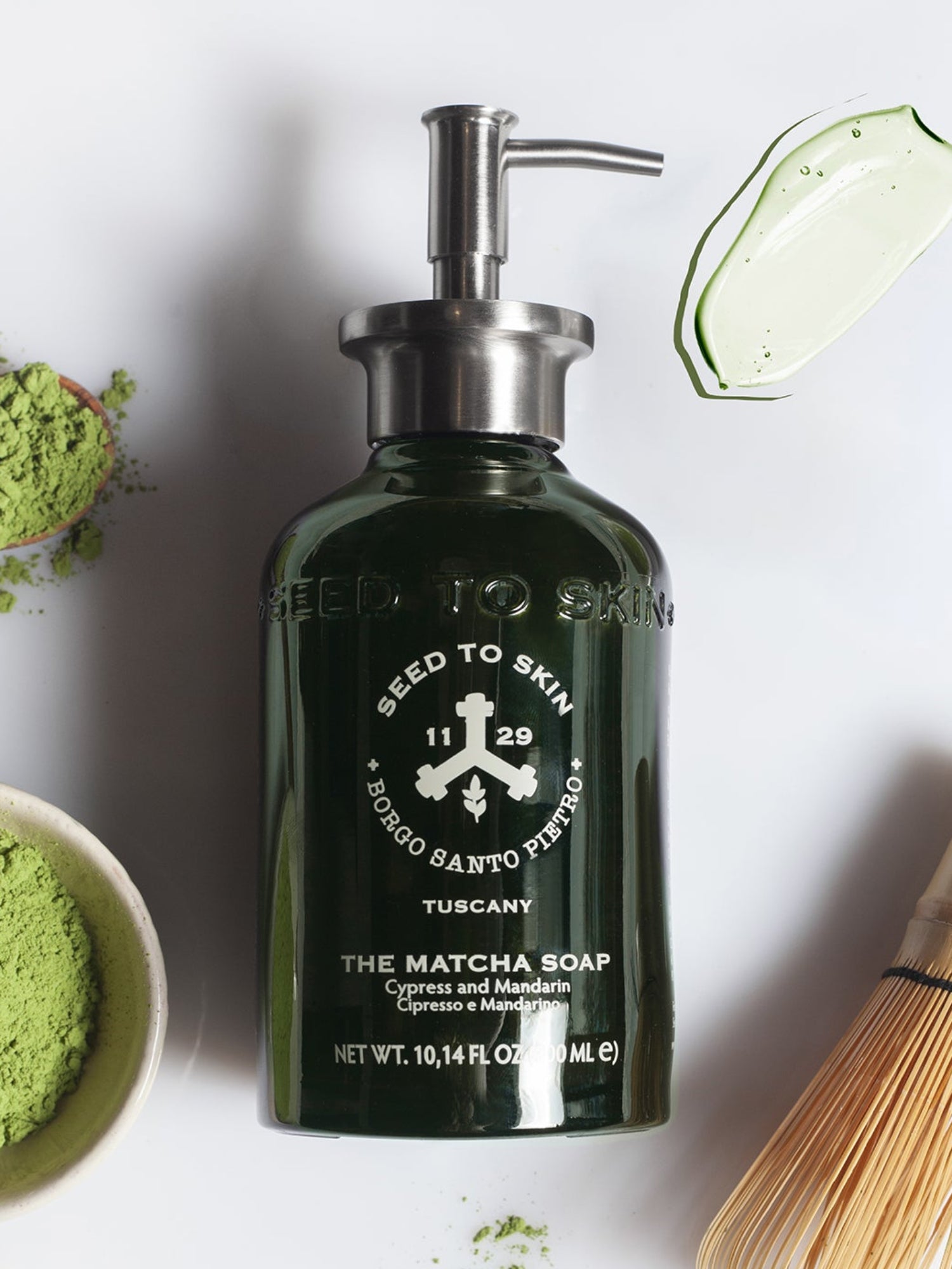 Seed to Skin The Matcha Soap with matcha powder and bamboo whisk