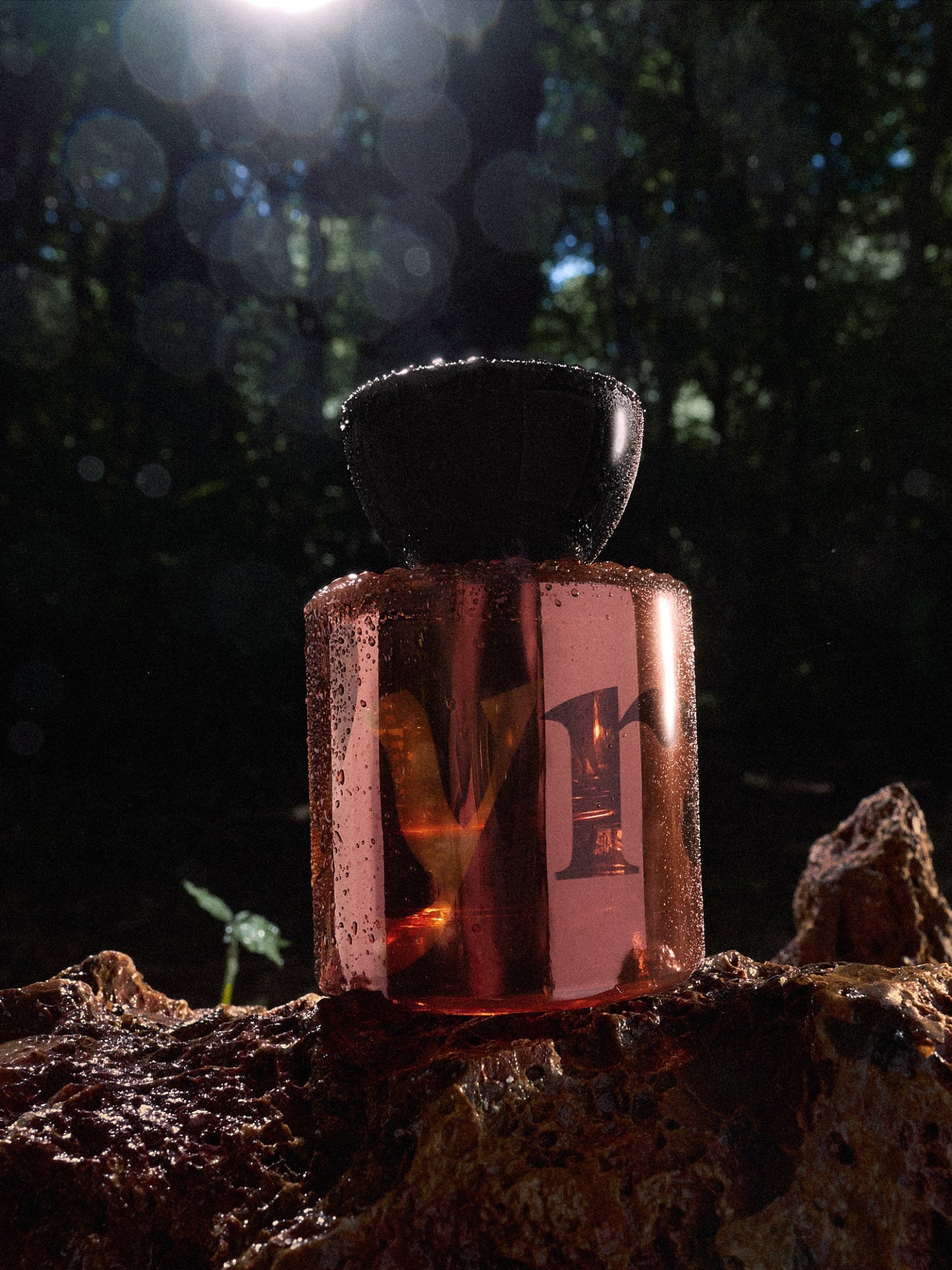 VYRAO Mamma Juuju Eau de Parfum bottle on a wet tree trunk in a forest