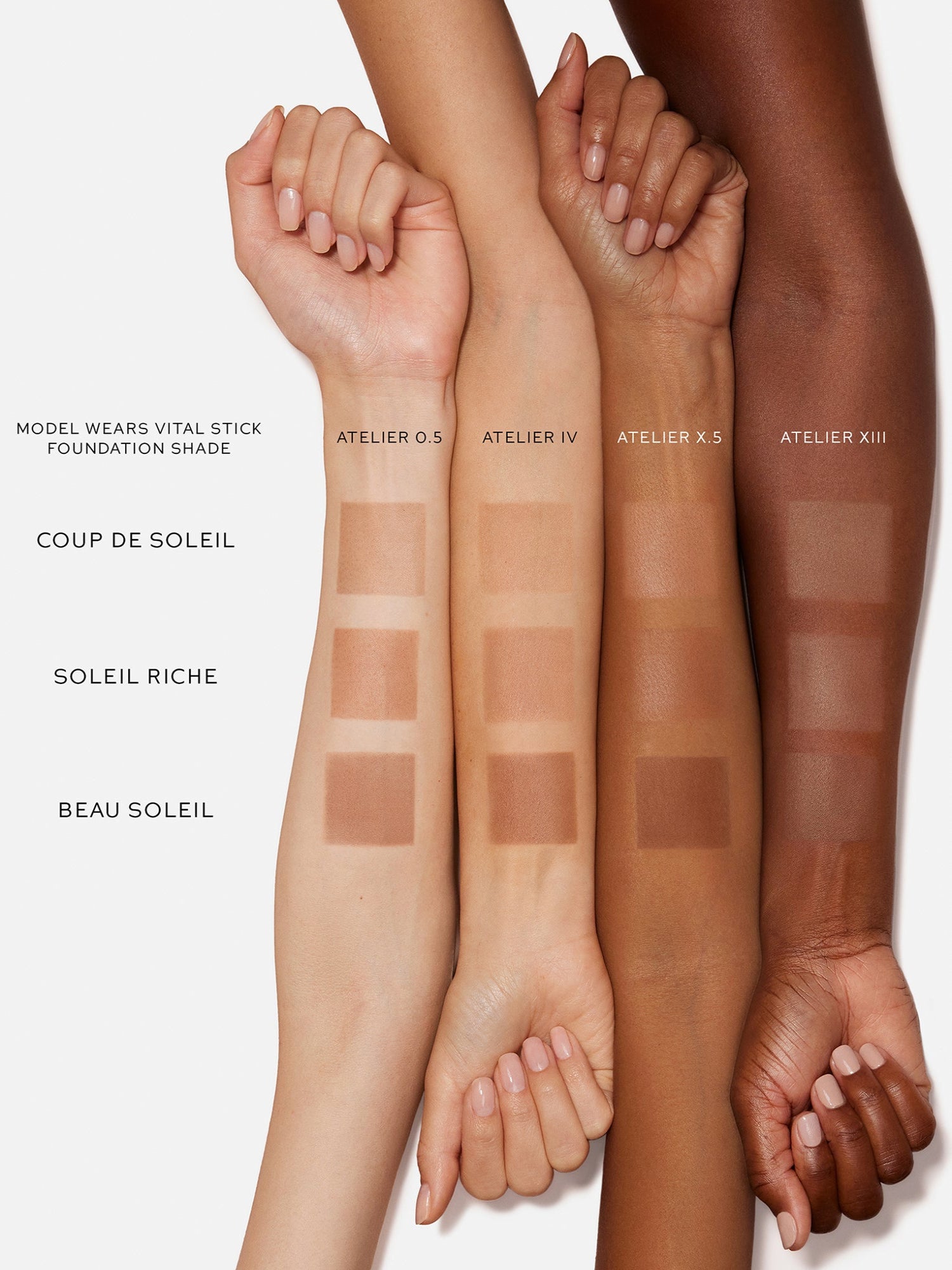 Westman Atelier Beauty Butter Powder Bronzer swatches in Coup de Soleil, Soleil Riche and Beau Soleil on four skin tones