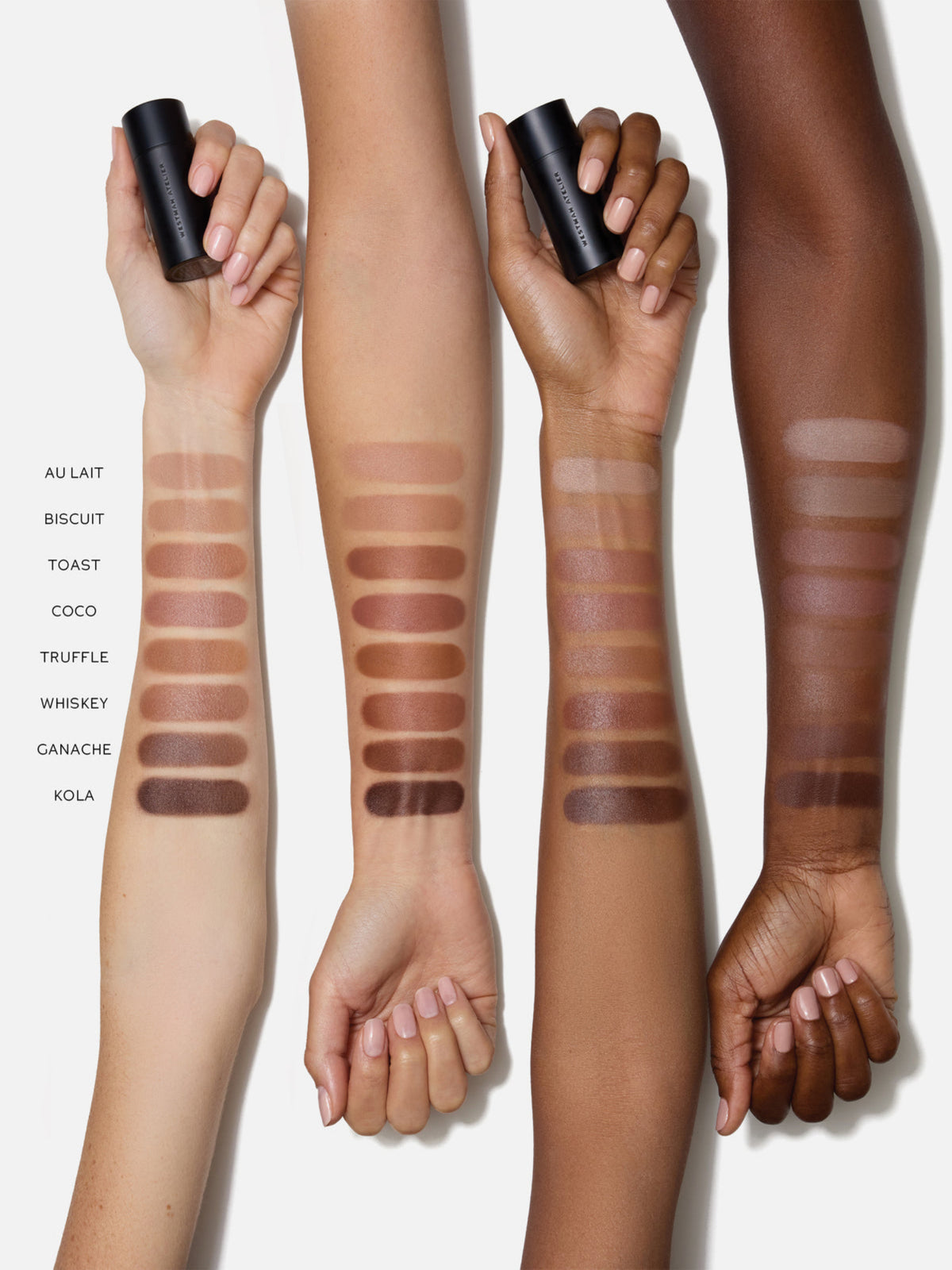 WESTMAN ATELIER Face Trace Contour Stick shades arm swatches on different skin tones