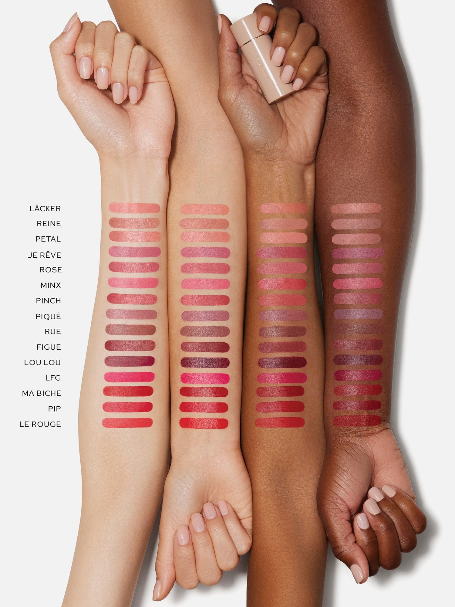 Westman Atelier Lip Suede Matte Lipstick swatches in multiple shades on four skin tones