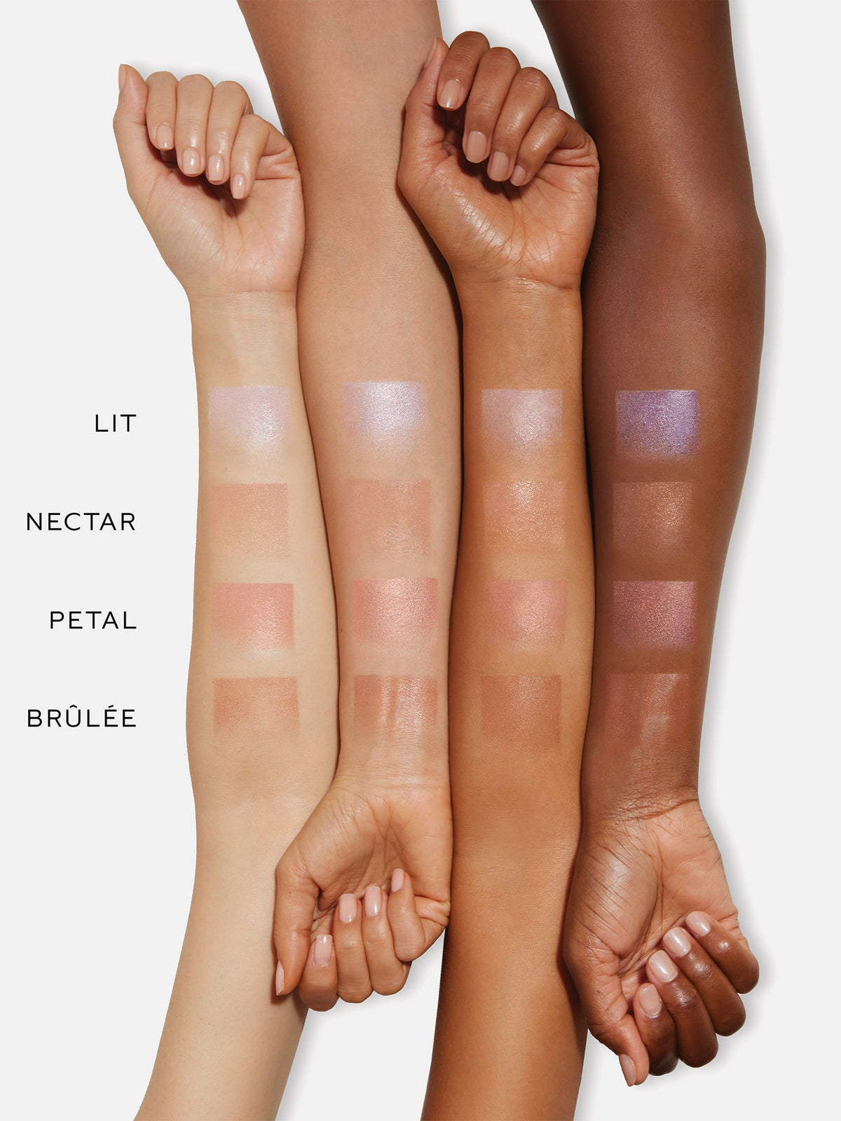 Westman Atelier Lit Up Highlight Stick shade swatches in Lit, Nectar, Petal and Brûlée