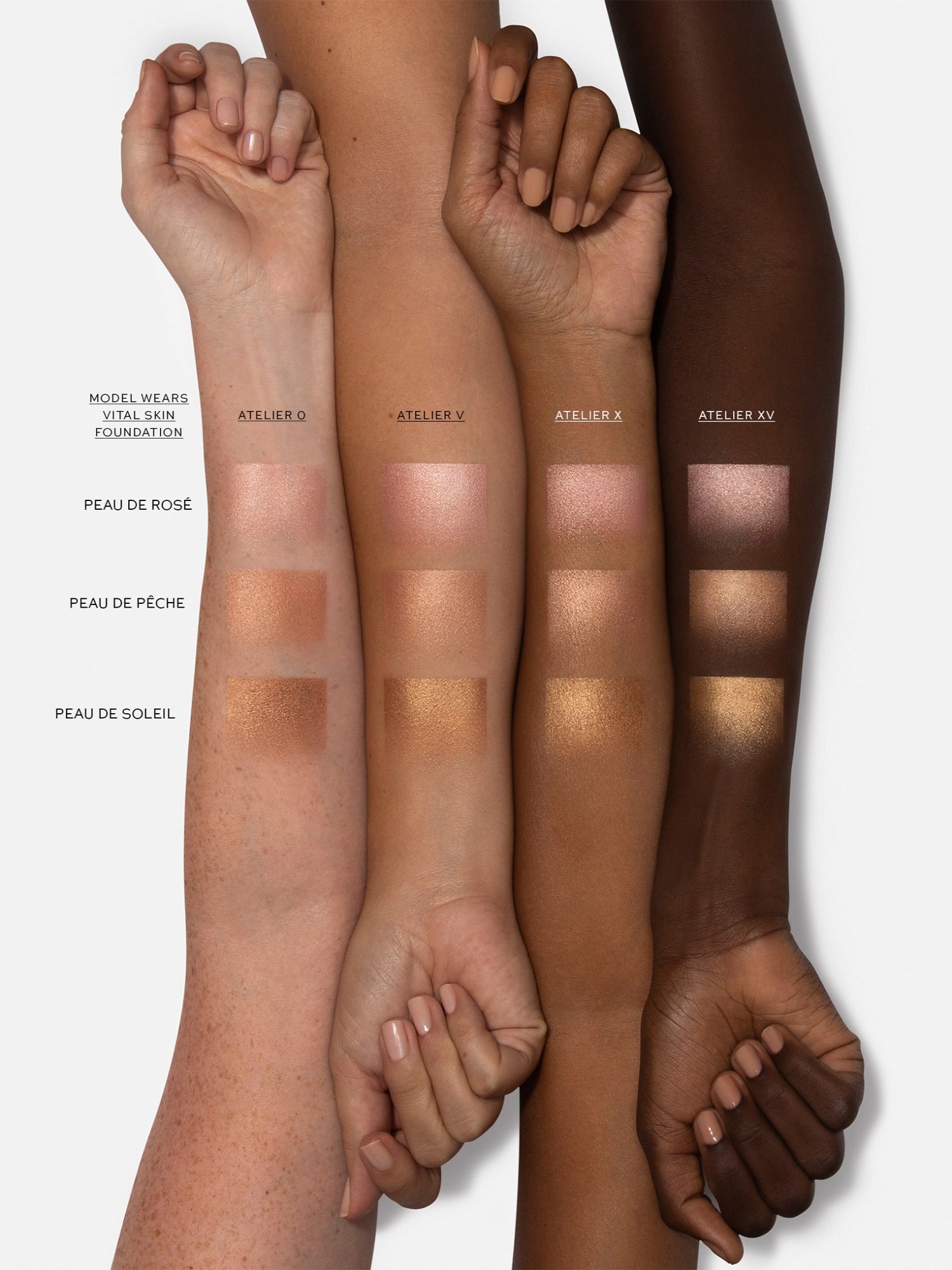 Westman Atelier Super Loaded Tinted Highlight swatches in four shades on four skin tones